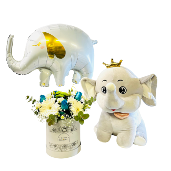 Ελεφαντάκι με μπαλόνι και σύνθεση λουλουδιών